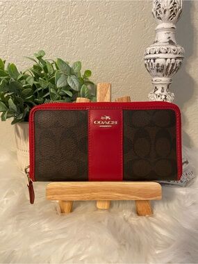 Coach Brown Signature Canvas Wallet with Red Leather Trim